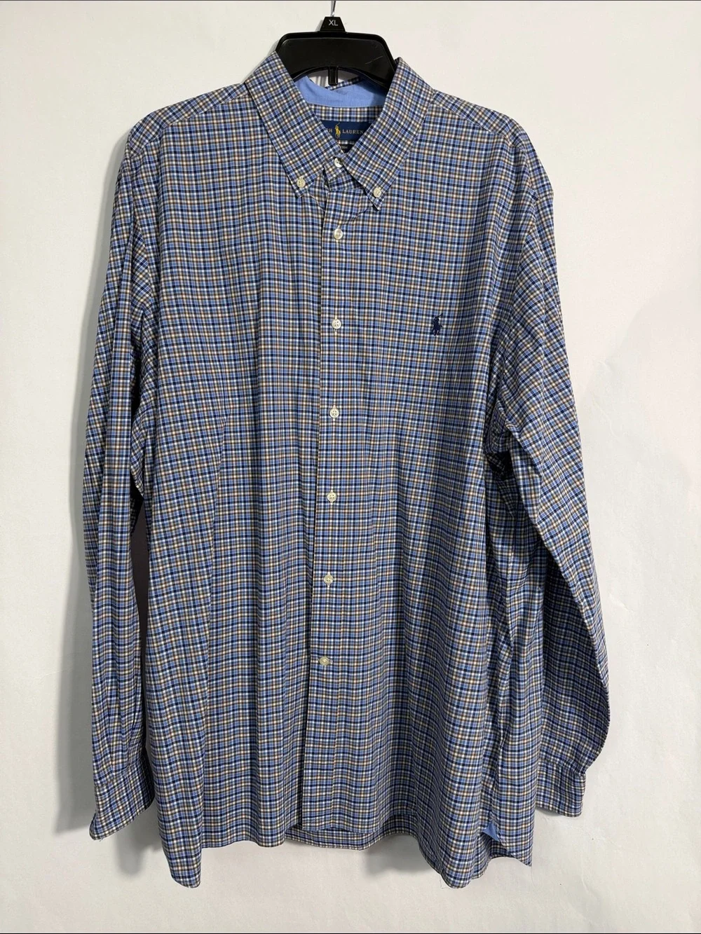 Ralph Lauren 100% Cotton‎ Stretch Plaid Shirt Blue Brown XXL